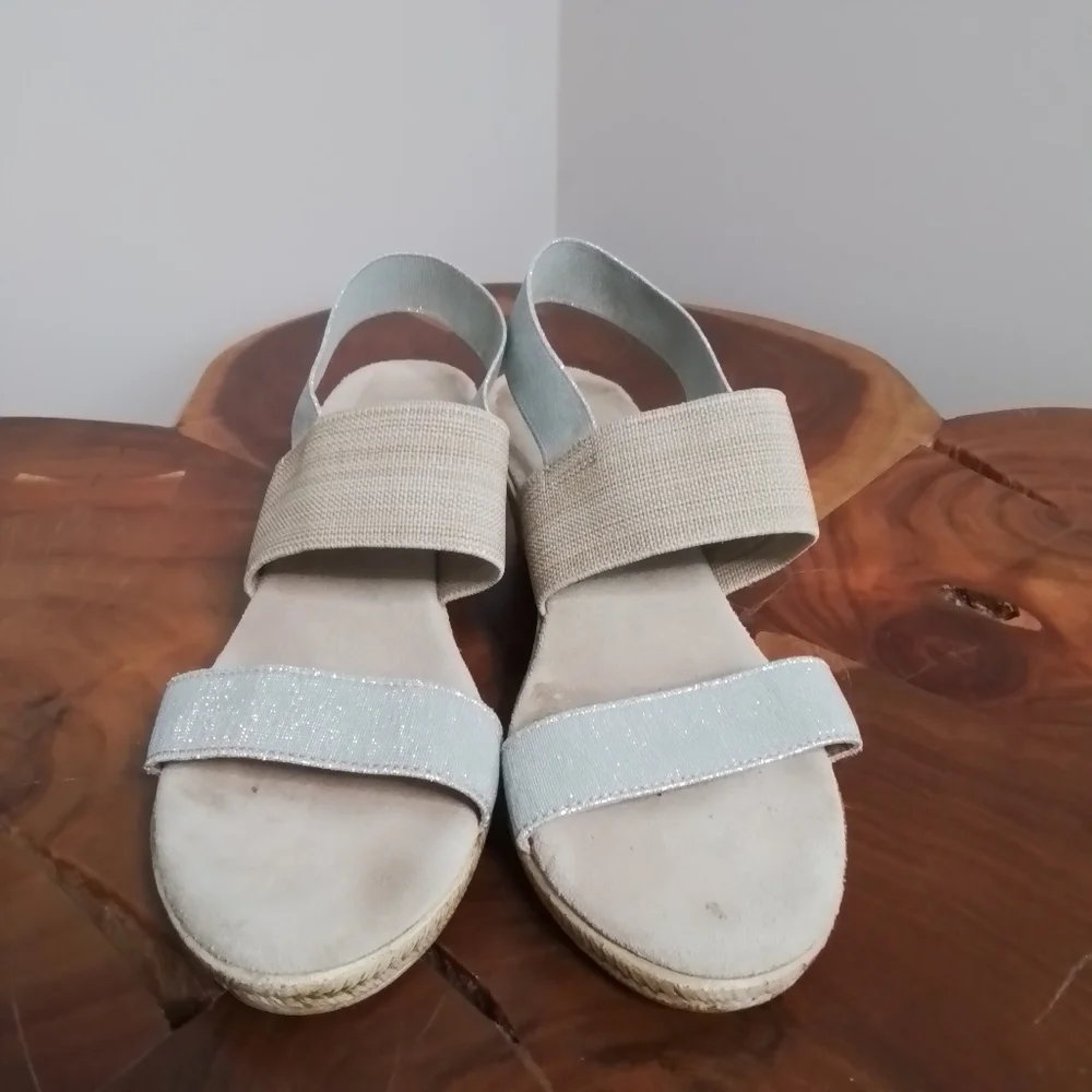 Charleston Shoe Co. Cooper Silver Metallic/Tan/Linen Espadrille Wedge Sandal - 7